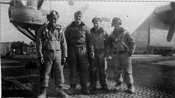 Lt Clarence J Loebel`s crew photo of officers just before taking off  to fly 459 BG`s Mission No. 191, Feburary 17, 1945 with a Primary target of Graz, Austria but due to weather they bombed Austetten, Austria that day. Several other 459 BG planes were forced to bomb alternate targets that day such as Bruck, Austria and the Plume Shipyard, Italy( now part of the old Yugoslavia ). No aircraft were lost that day on this mission. - 459th BG, Army Air Corps Library and Museum
